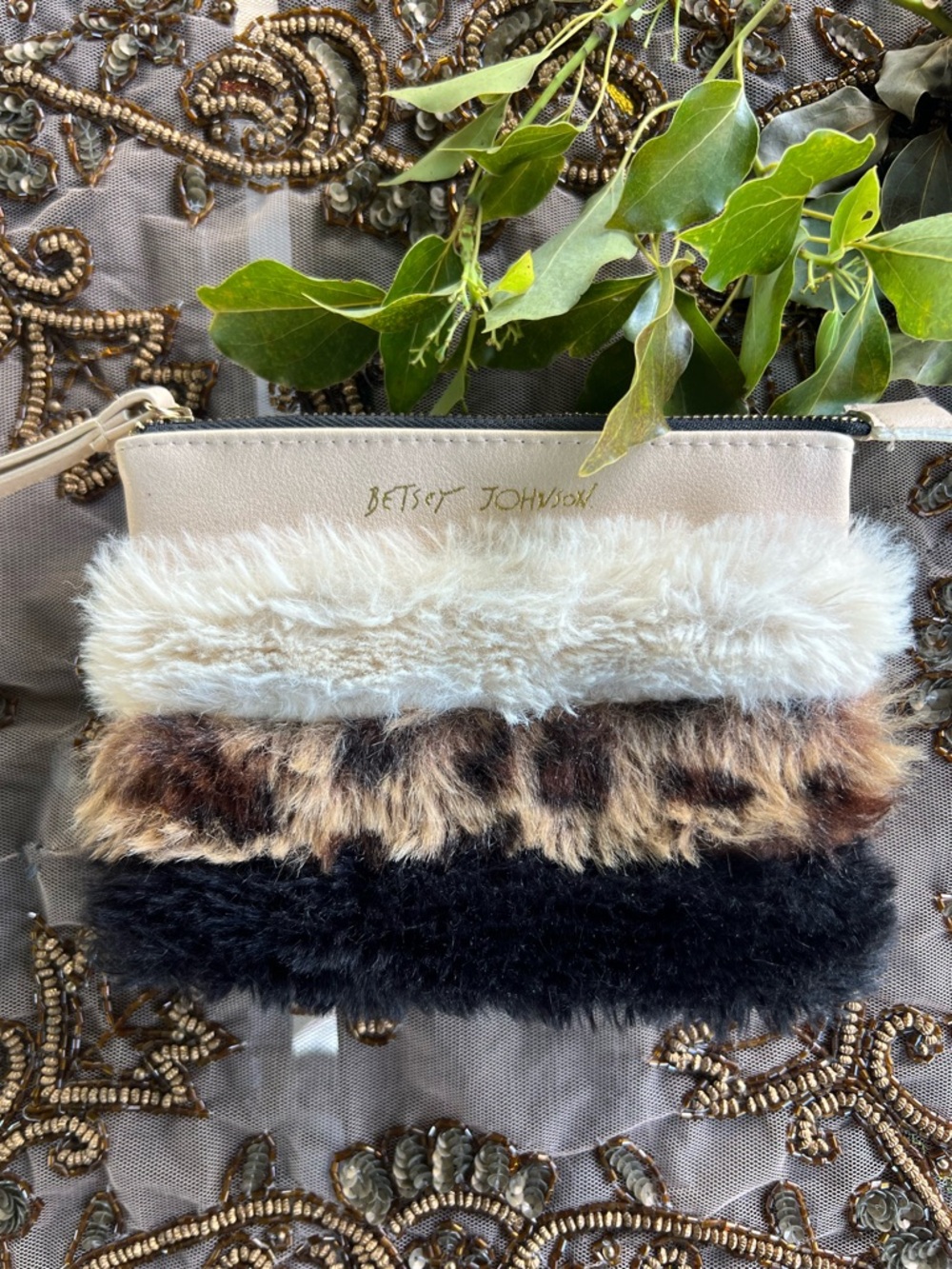 Betsey Johnson Cream, Leopard & Black Faux Fur Stripe Wristlet